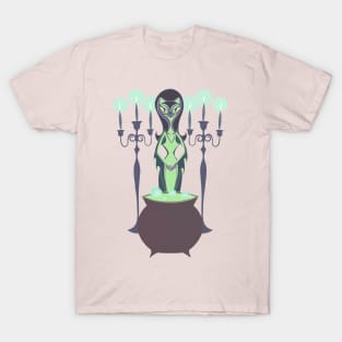 Halloween Witch Kitty at Cauldron (Pink) T-Shirt